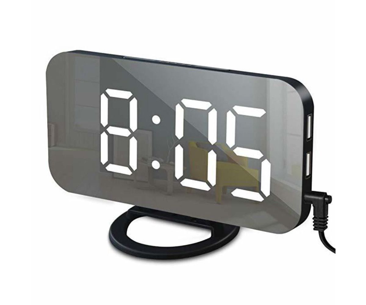 Led Alarm Clock With Mirror, 2 Usb Charger Port, Stylish And Convenient, Adjustable Brightness Department Store