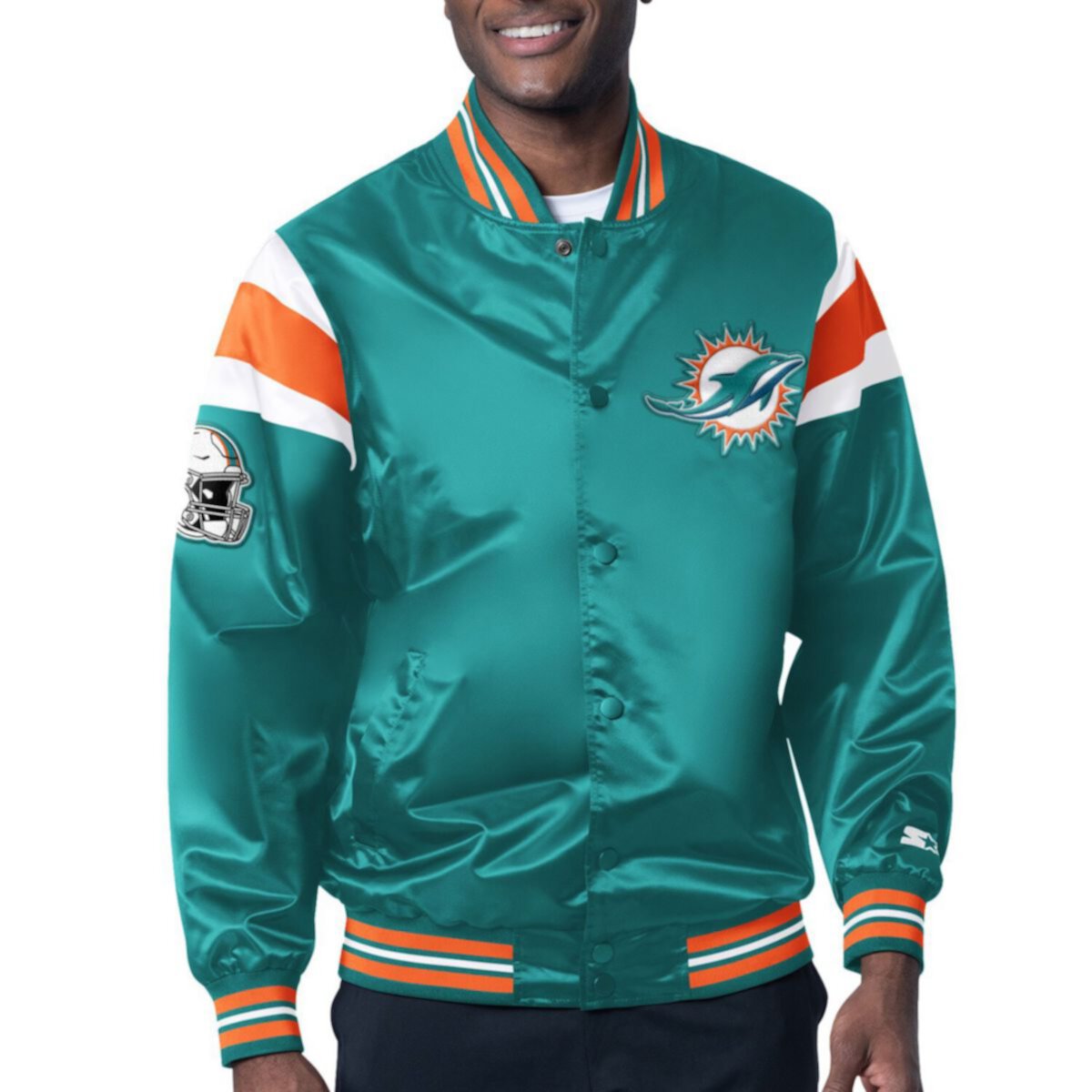 Мужская атласная куртка Starter Varsity Miami Dolphins с вышивкой и карманами Starter