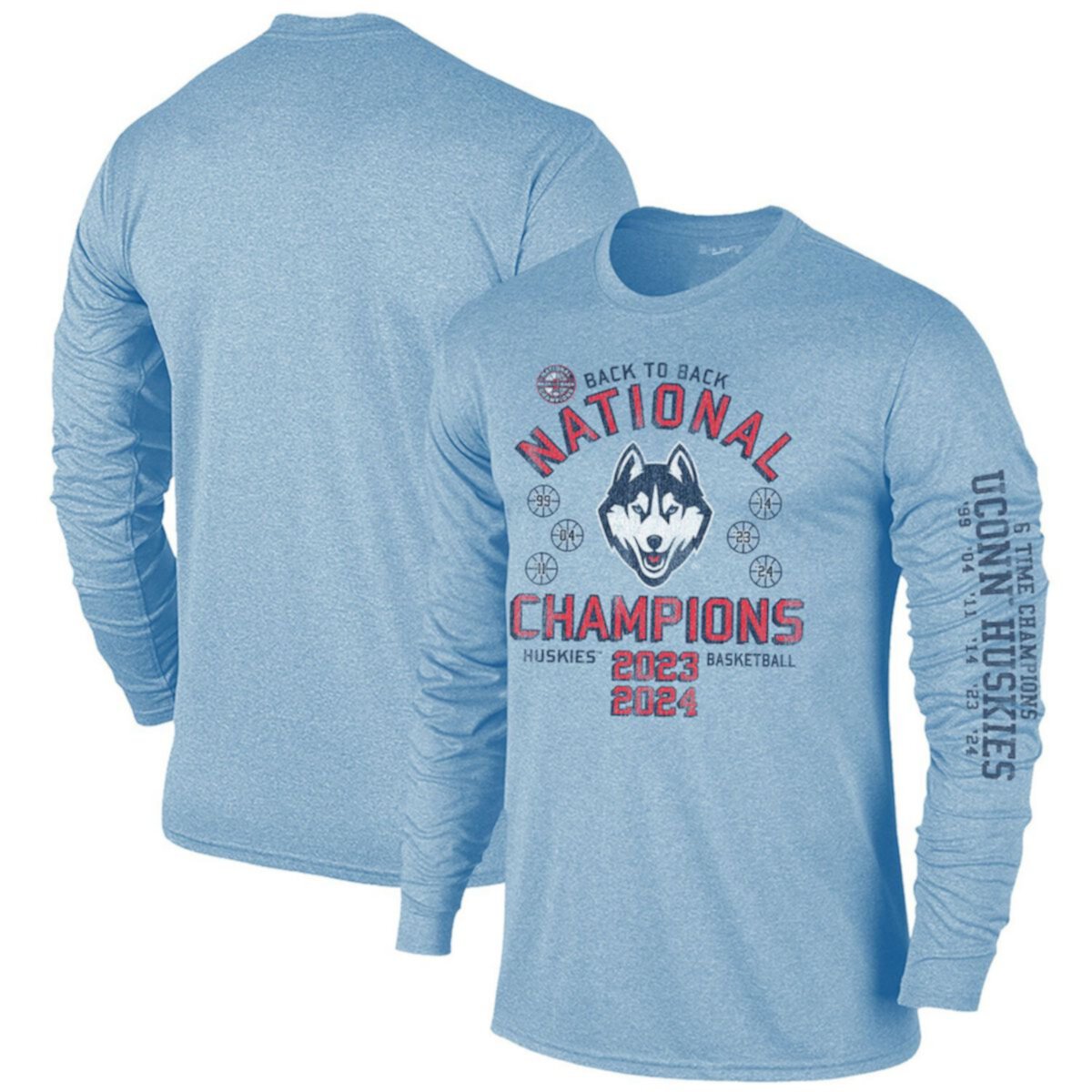 Мужская Футболка Original Retro Brand Light Blue UConn Huskies Back-To-Back NCAA Men's Basketball National Champions Original Retro Brand