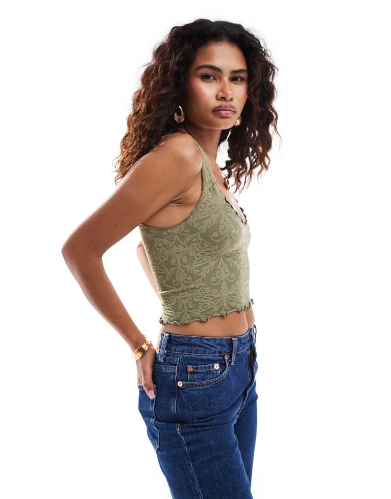 Женский Топы на бретелях Free People Ruffle Edge Scoop Neck Cropped Cami Top в хаки Free People