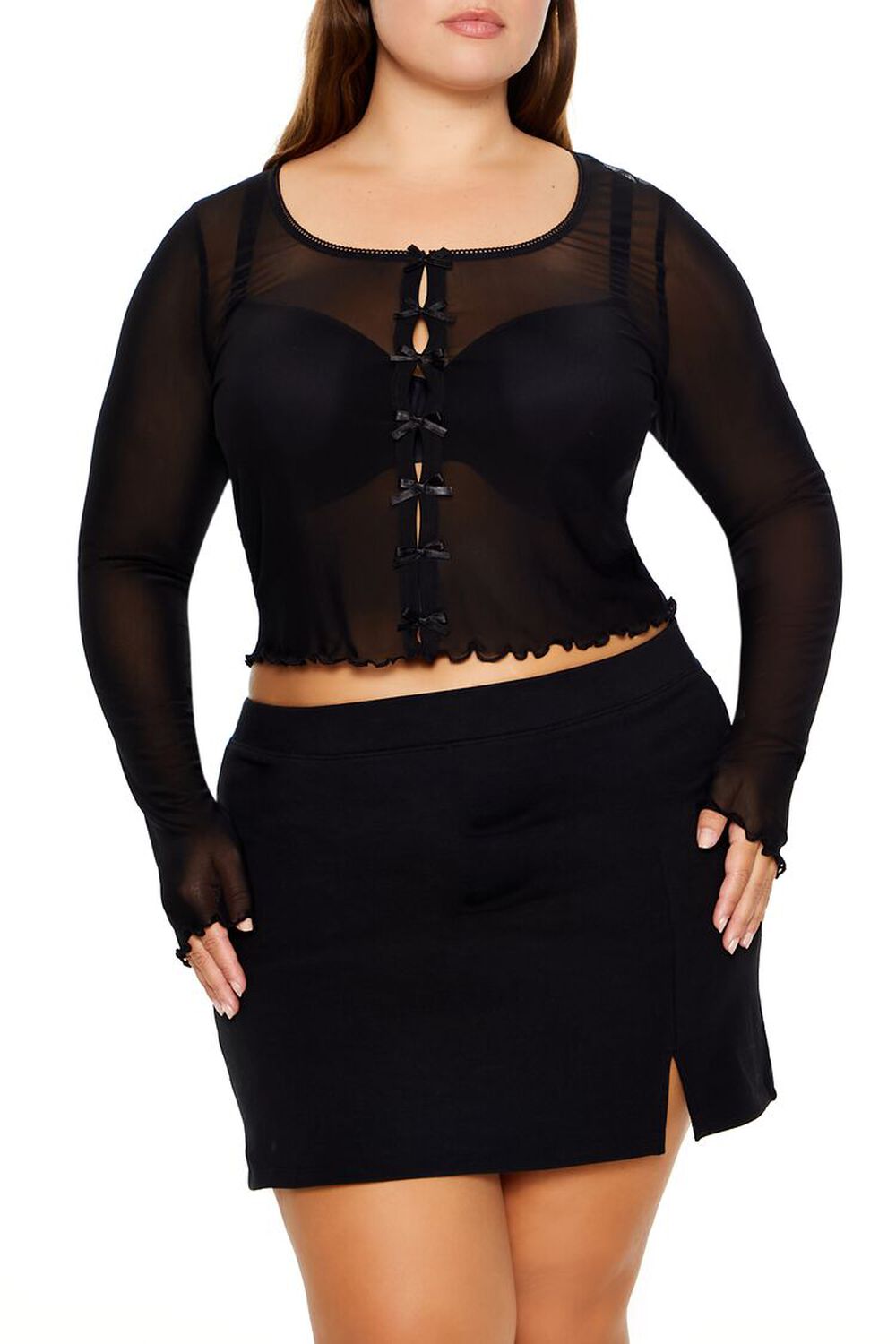 Plus Size Sheer Mesh Bow Long-Sleeve Top FOREVER21