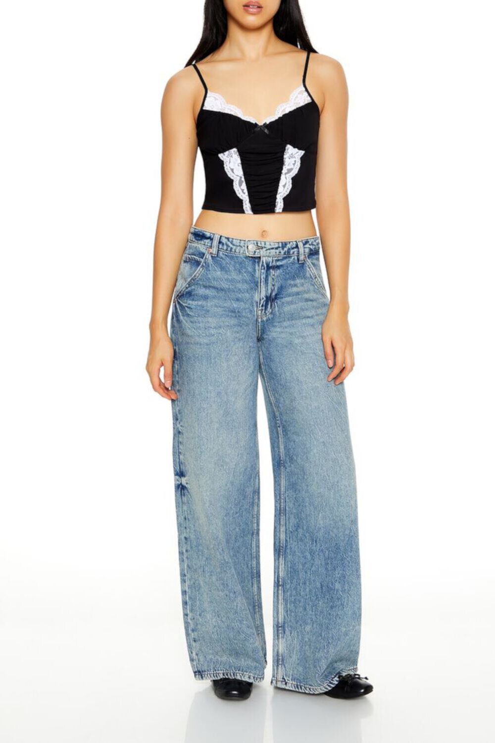 Женские Широкие джинсы FOREVER21 Mid-Rise Carpenter FOREVER21