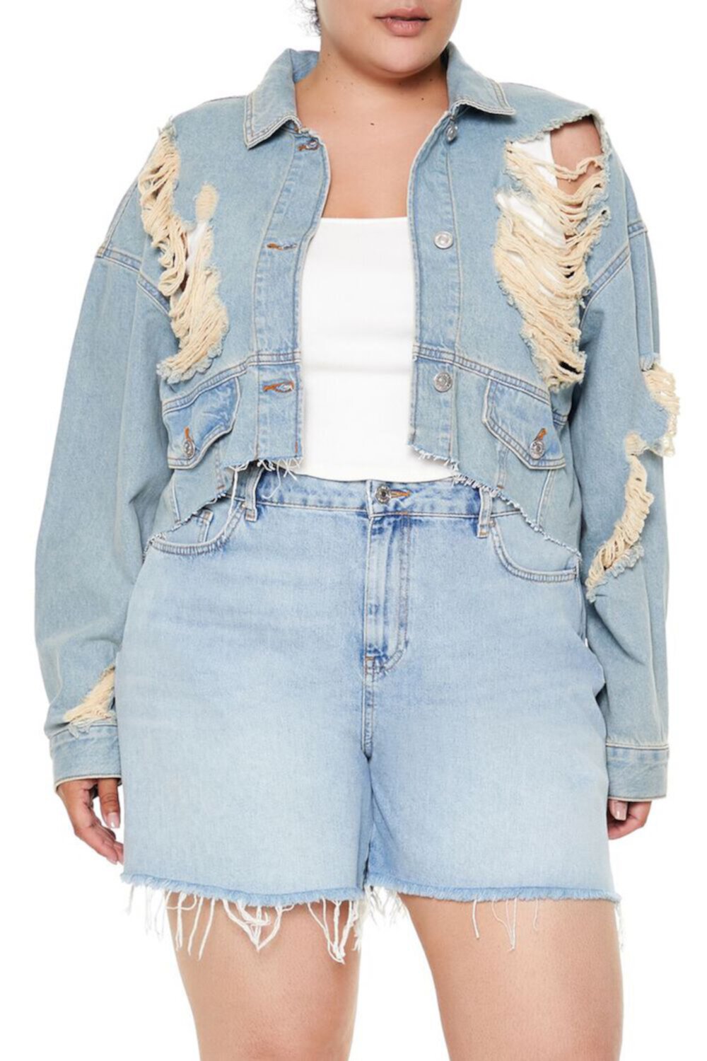 Plus Size Destroyed Denim Jacket FOREVER21