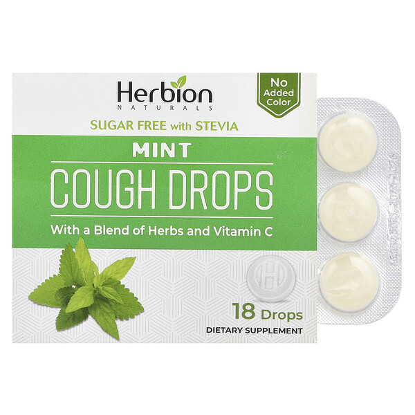 Cough Drops (Капли), Sugar Free, Mint, 18 Drops Herbion Naturals