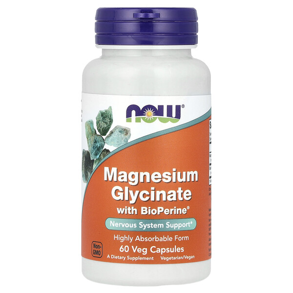 Magnesium Glycinate With BioPerine®, 60 Veg Capsules (Вегетарианские капсулы) NOW Foods