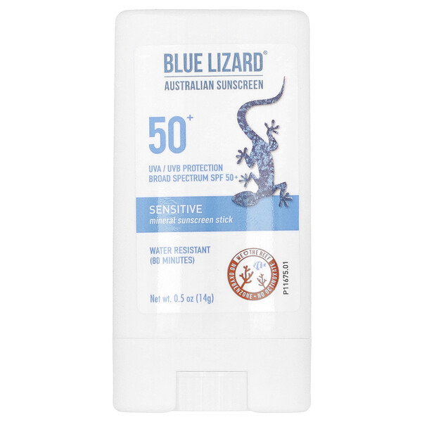 Sensitive, Mineral Sunscreen Stick, SPF 50+, 0.5 oz (14 g) Blue Lizard