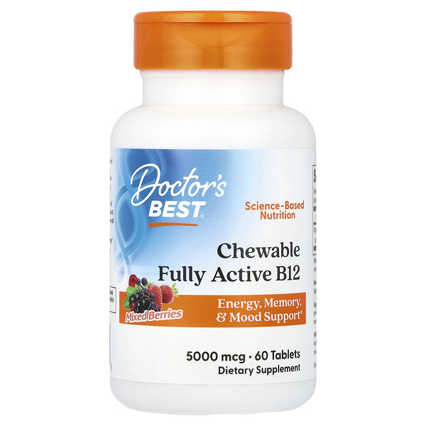 Chewable Fully Active B12, Mixed Berries , 5,000 mcg, 60 Tablets (Таблетки) Doctor's Best