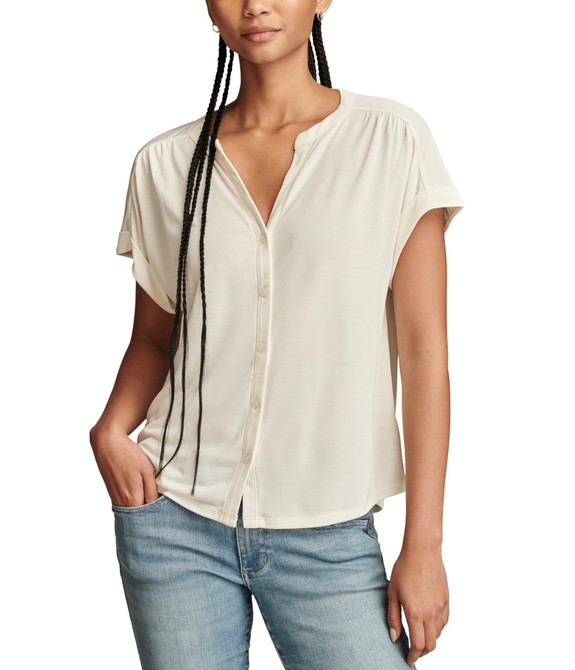 Sandwash Short Sleeve Button Front Top Lucky Brand