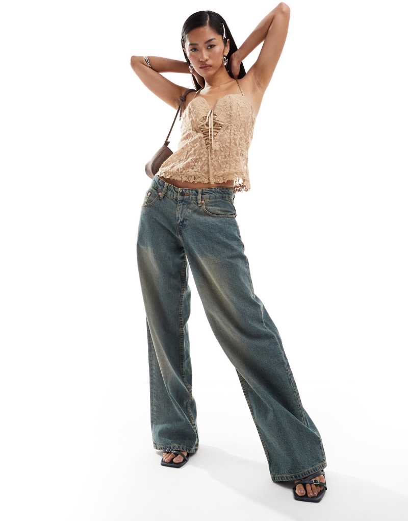 Motel roomy wide leg low rise jeans in brown blue acid wash Motel