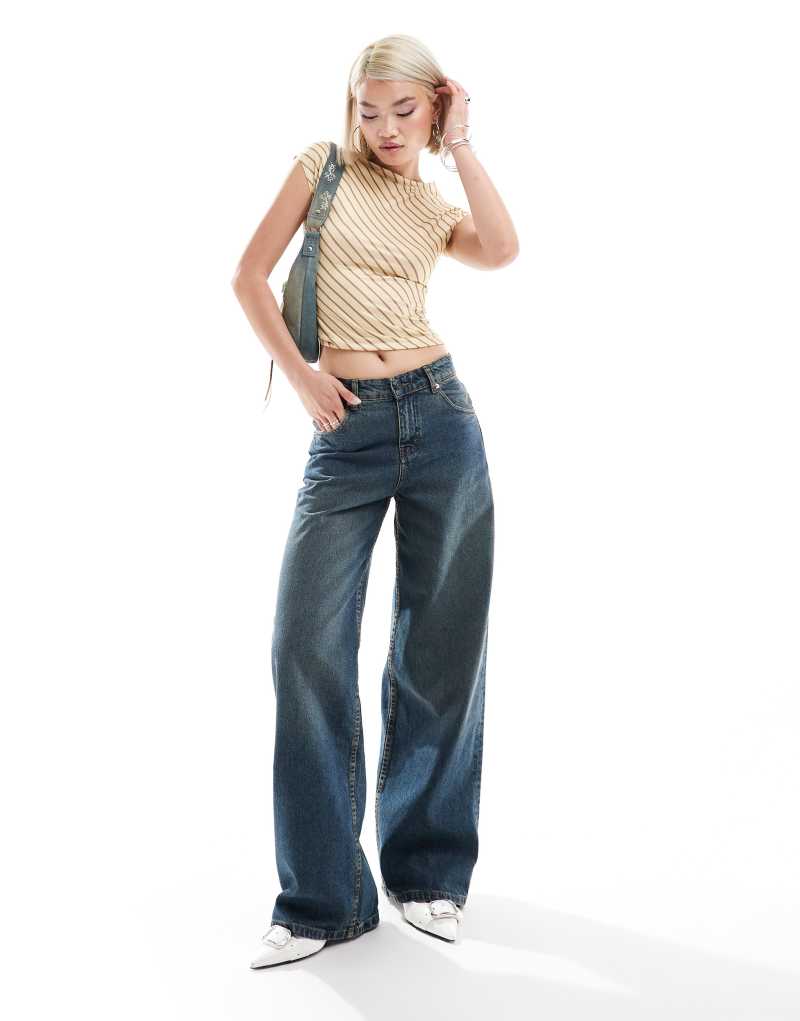 Motel extra wide low rise jeans in brown blue acid wash Motel