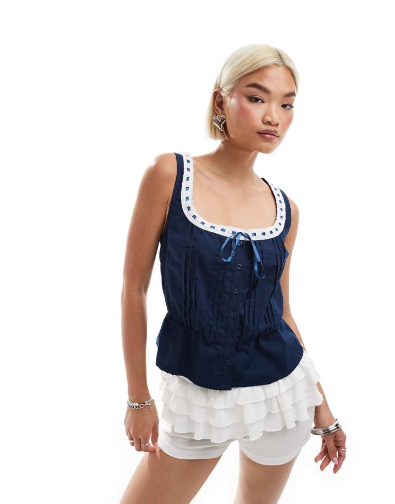 Motel arhan ribbon trim cami blouse in navy Motel