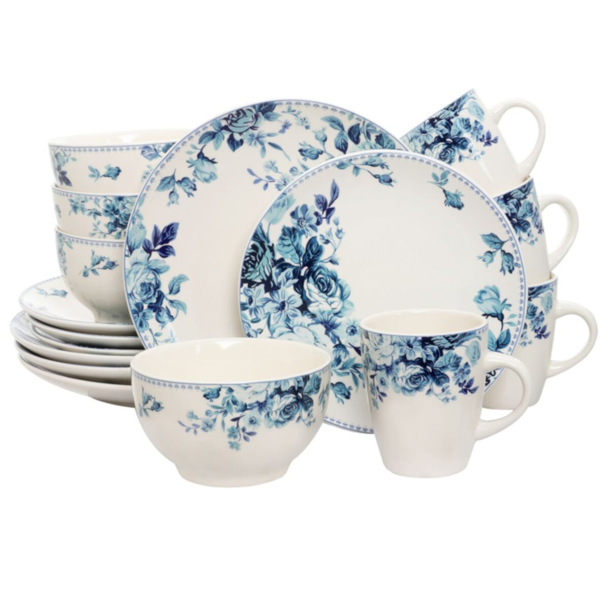 Elama Traditional Blue Rose 16 Piece Dinnerware Set Elama