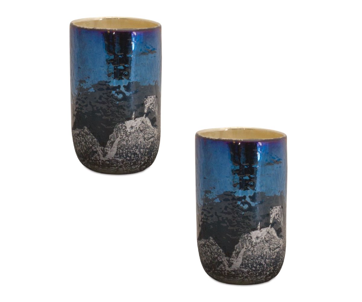 Irredescent Navy Glass Candle Holder - 5 Inch (set Of 2) Slickblue