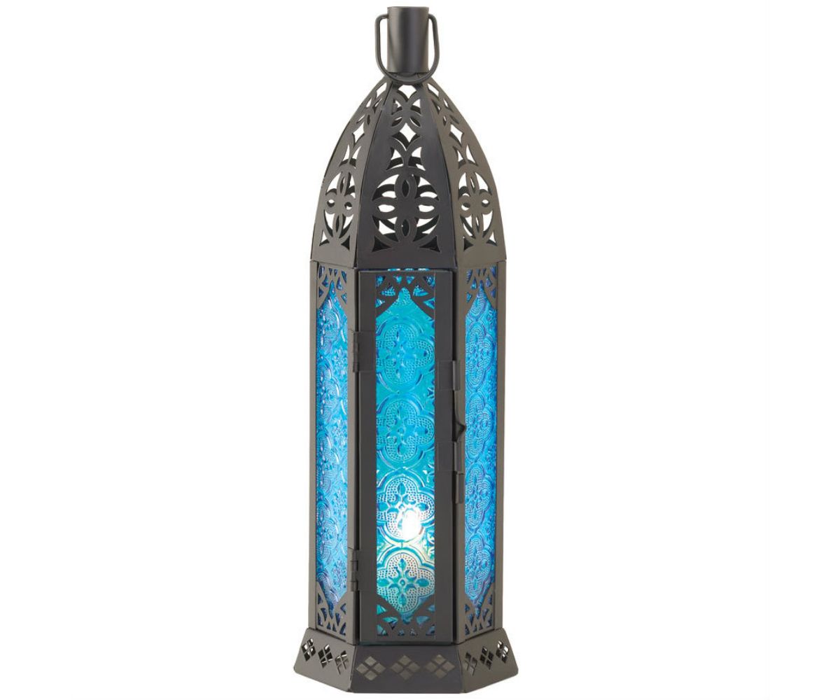 Patterned Blue Glass Candle Tower - 13 inches Accent Plus