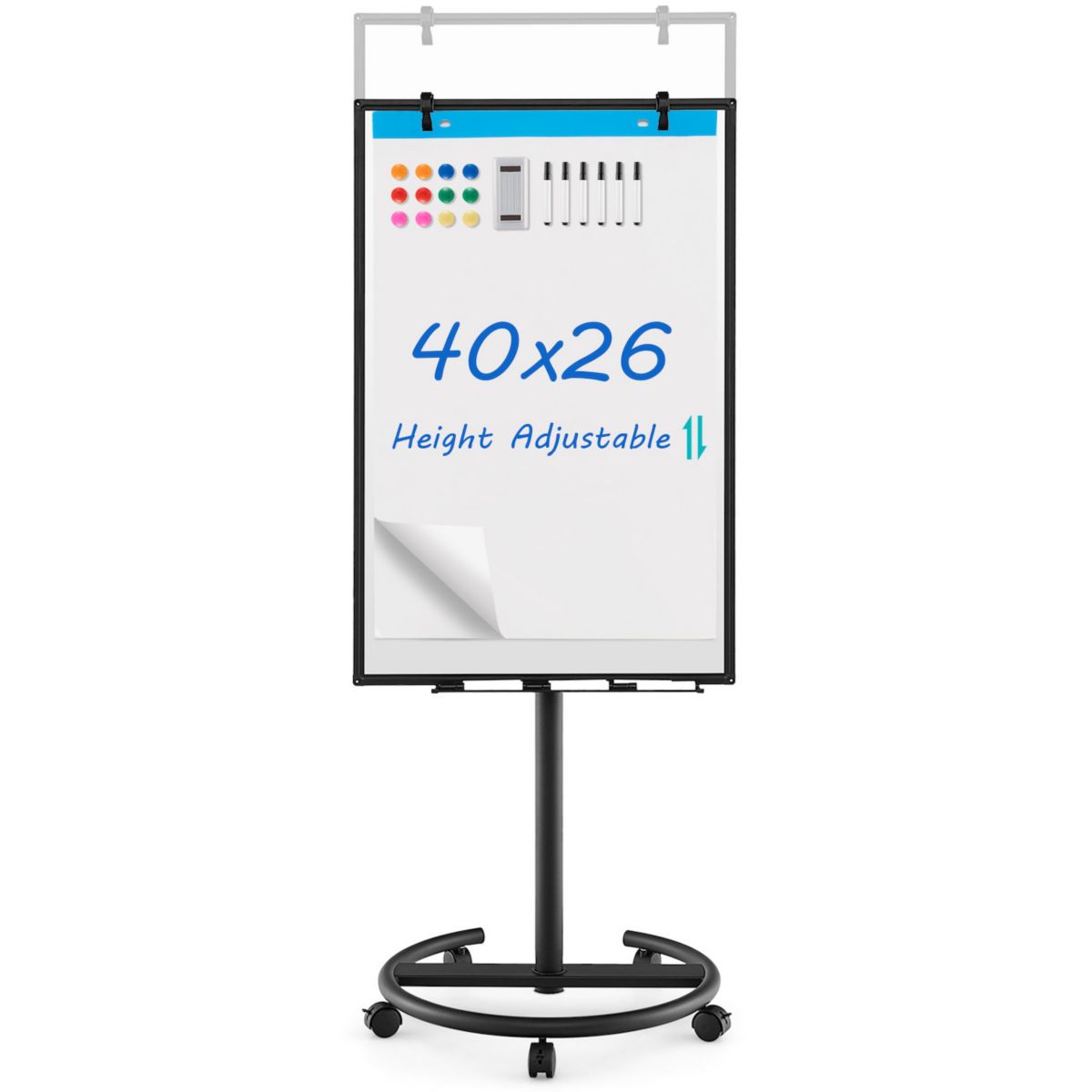 Height-adjustable Mobile Whiteboard With Round Stand Paper Clips Slickblue