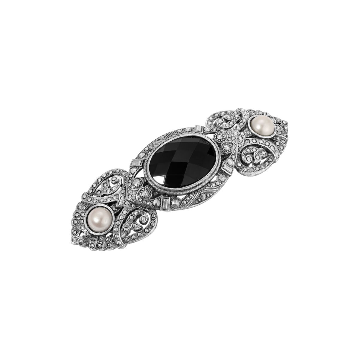 1928 Silver Tone Black Oval Glass Stone Hair Barrette 1928