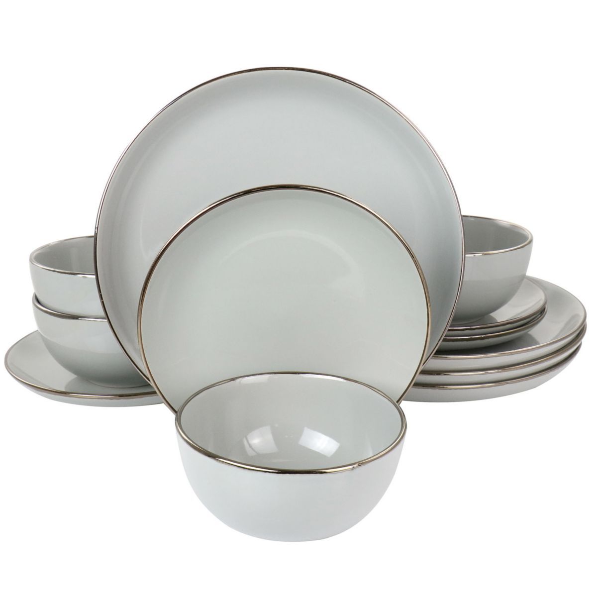 Gibson Home Rockaway Gold 12 Piece Stoneware Dinnerware Set in Gray Gibson Home