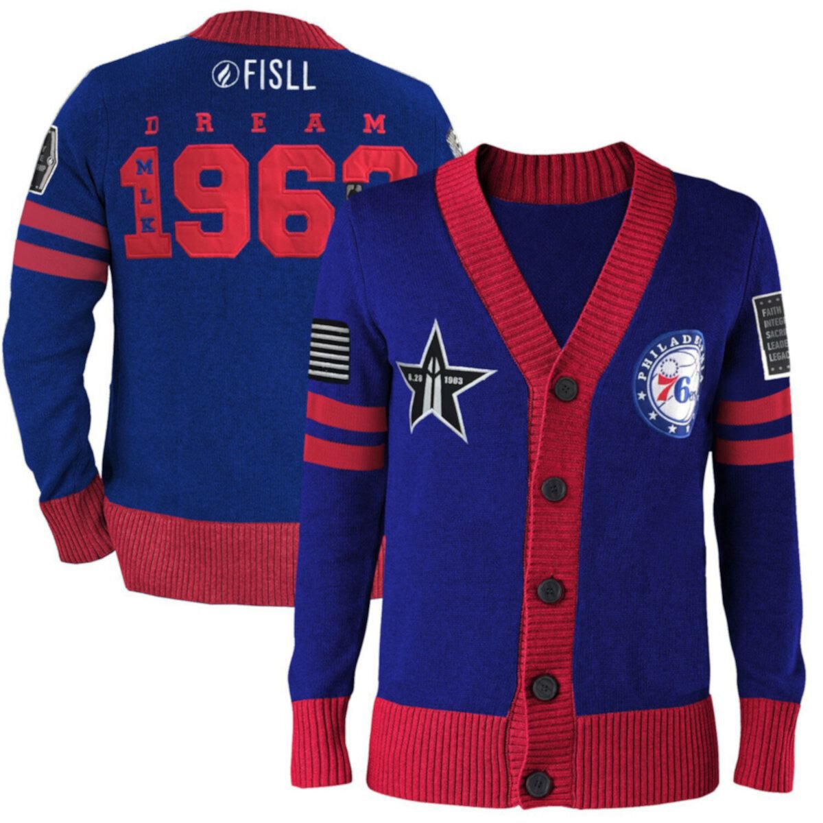 Унисекс Свитер FISLL x Black History Collection Синий Philadelphia 76ers с Полной Пуговицей FISLL