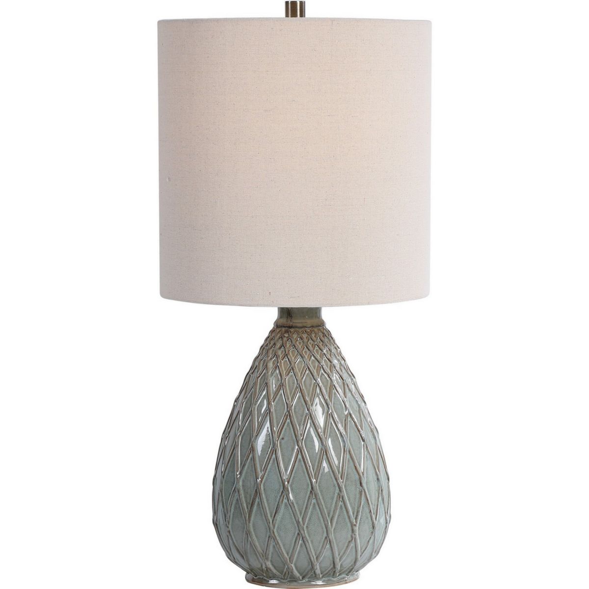 Pot Bellied Ceramic Table Lamp with Diamond Pattern, Gray Benzara