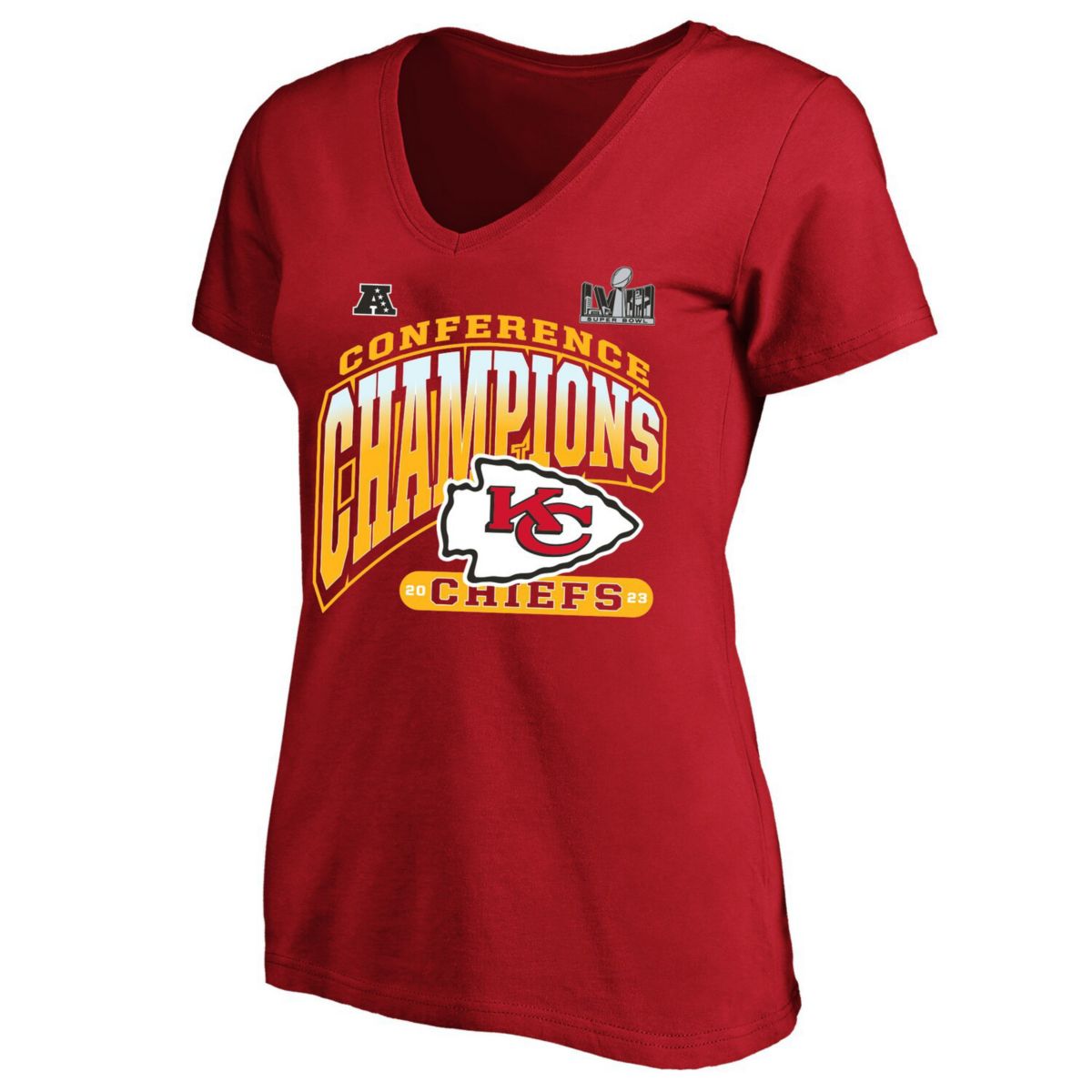 Женская Футболка Kansas City Chiefs 2023 AFC Champions Плюс Размер Hail Mary V-Образный Вырез Unbranded