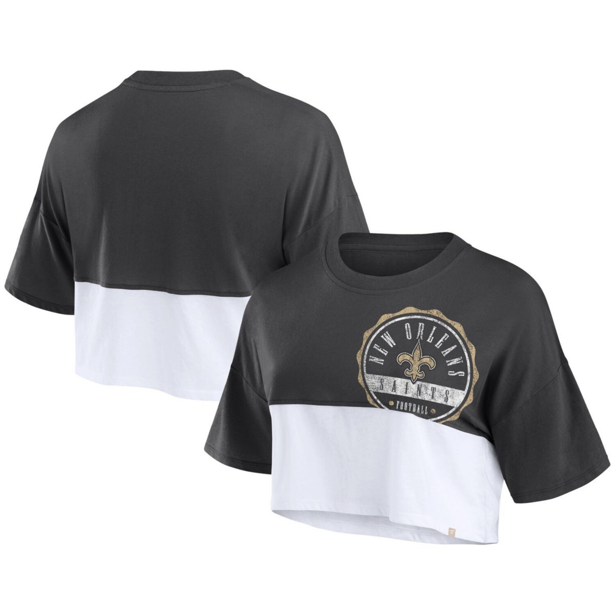 Женская Футболка Fanatics Black/White New Orleans Saints Boxy Color Split Cropped Fanatics Brands - White Label