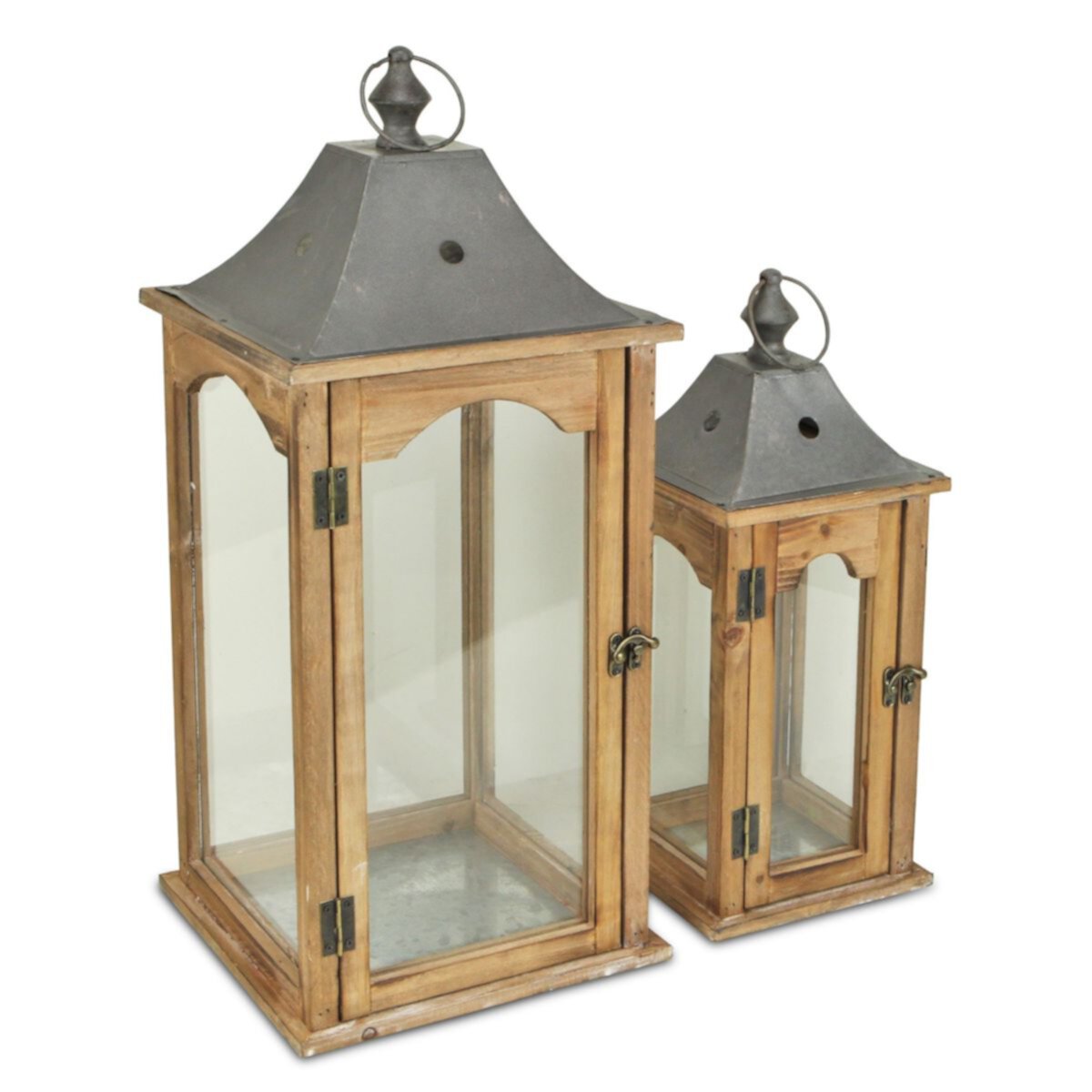 Set of 2 Brown and Clear Rustic Handmade Lantern with Metal Roof 23&#34; Contemporary Home Living