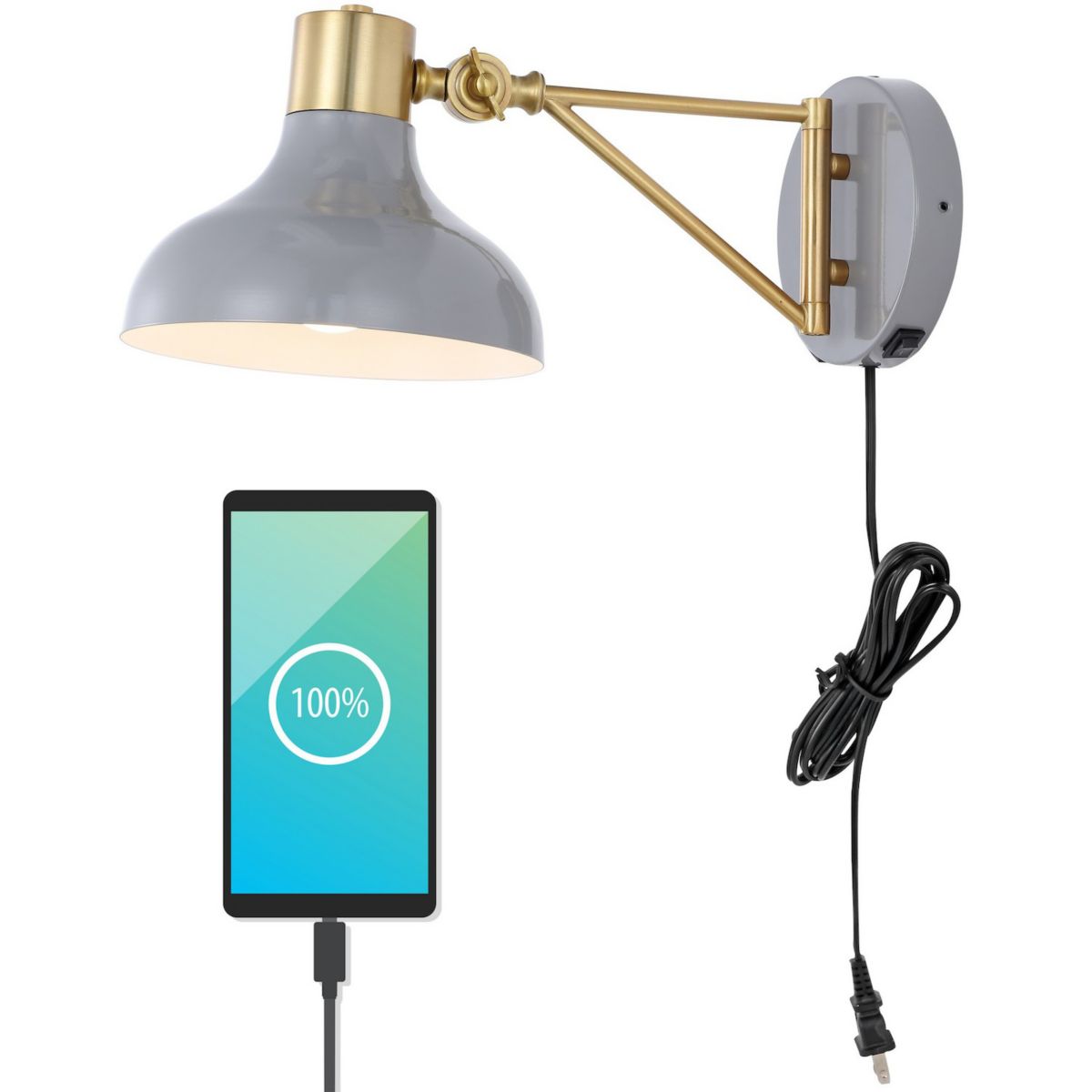 Lynn Swing Arm Modern Midcentury Iron Usb Charging Port Led Sconce Jonathan Y Designs