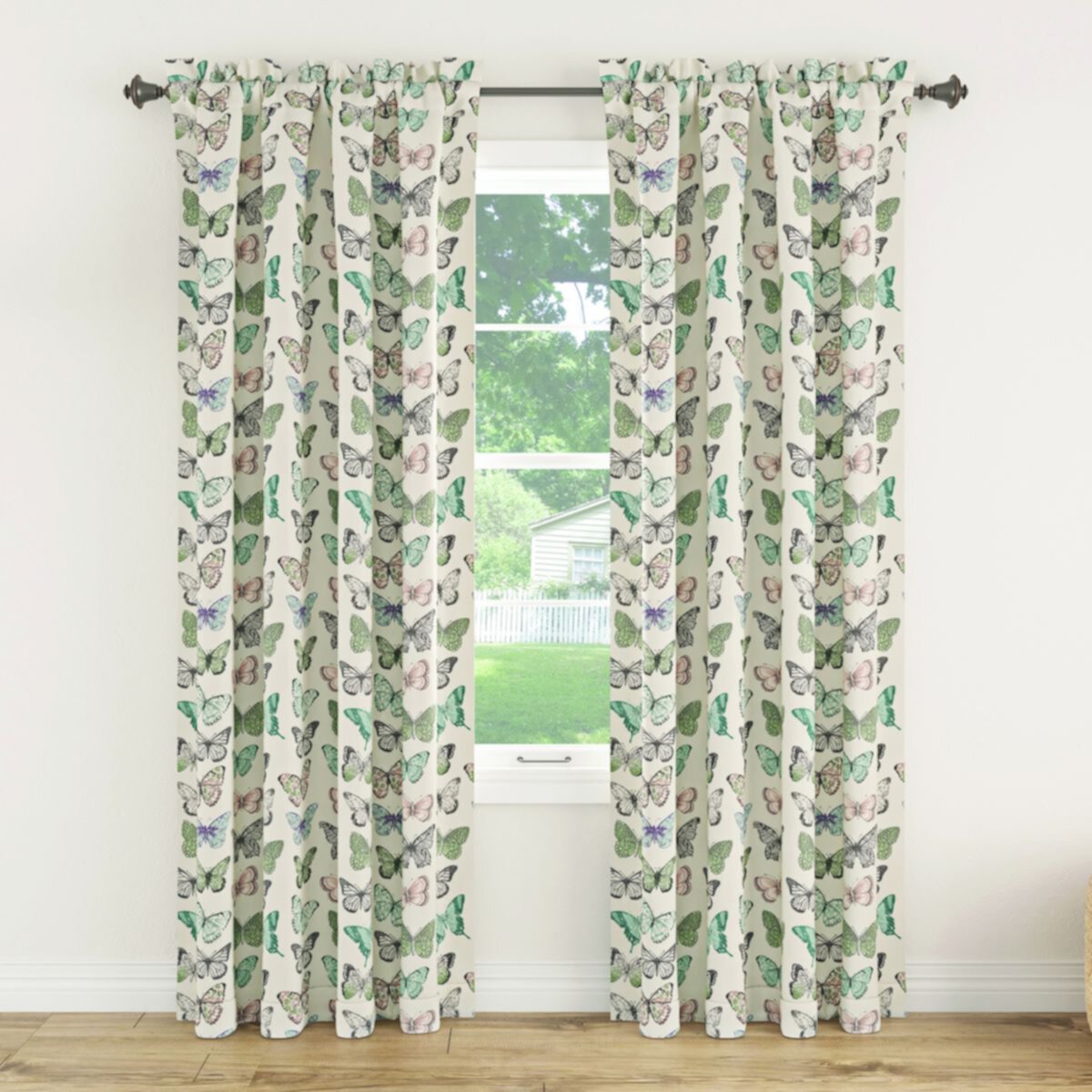 No. 918 Marepesia Butterfly Print Embroidered Trim Semi-Sheer Rod Pocket Curtain Valance or Window Curtain Panel No. 918