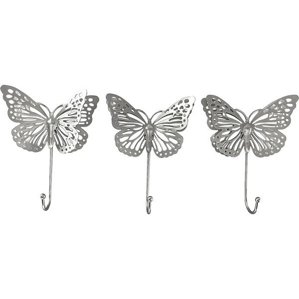 Silver-Tone Butterfly Metal Hooks Wall Decor 3-Piece Set Unbranded