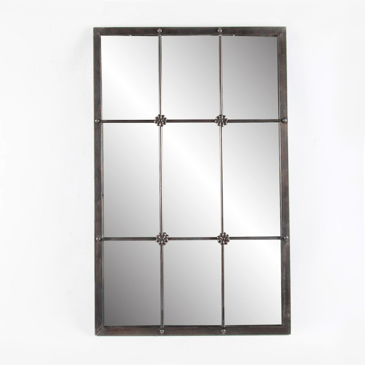 LuxenHome Rustic Brown Metal Frame Windowpane Accent Wall Mirror Luxen Home