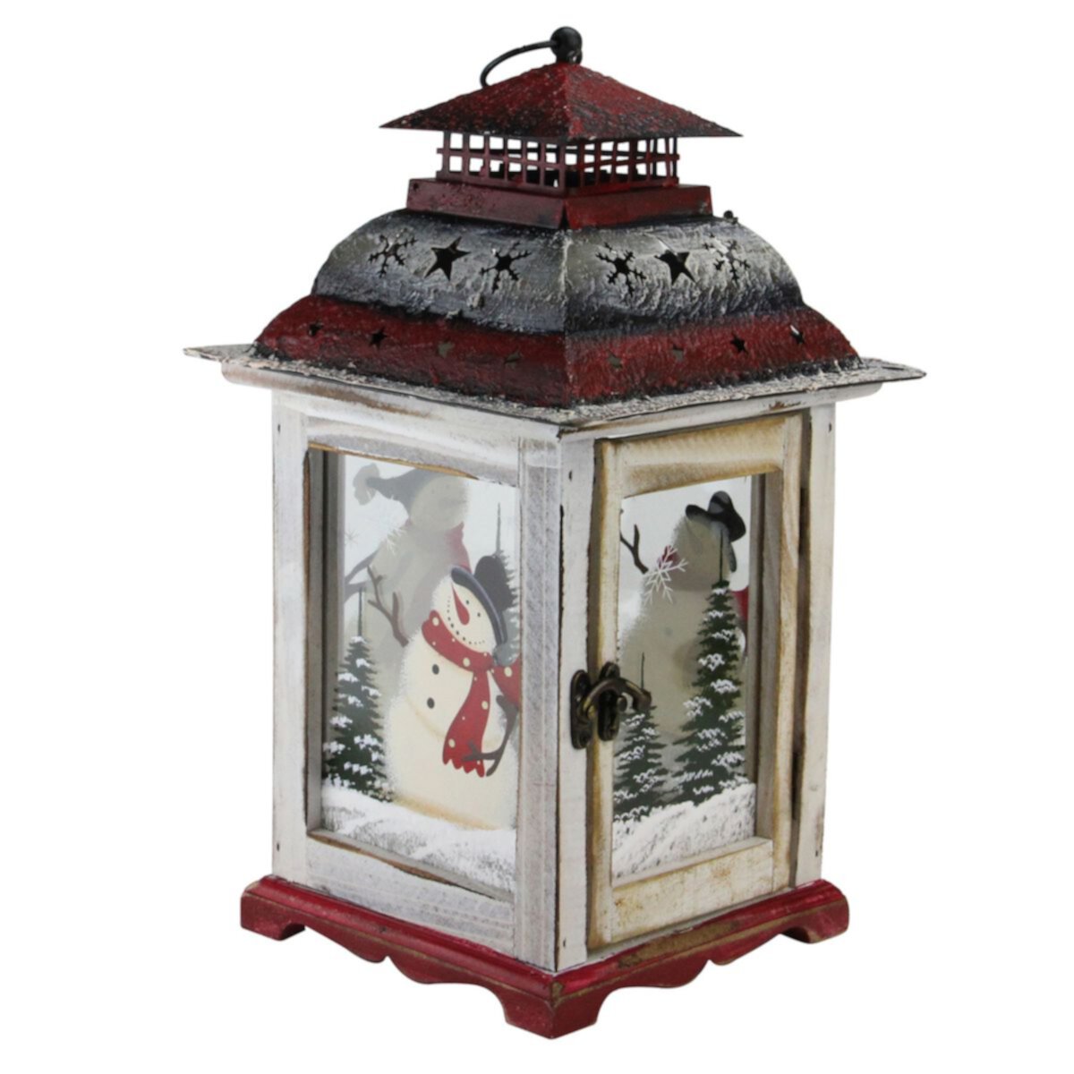 14.5&#34; Rustic Red and White Snowman Christmas Scene Candle Lantern Christmas Central