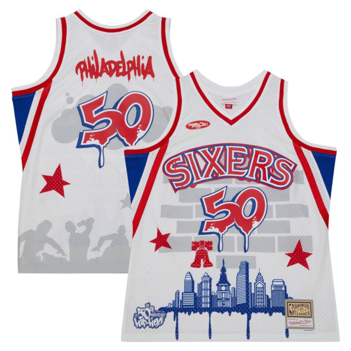 Мужская Футболка Mitchell & Ness x Tats Cru White Philadelphia 76ers Hardwood Classics Mitchell & Ness