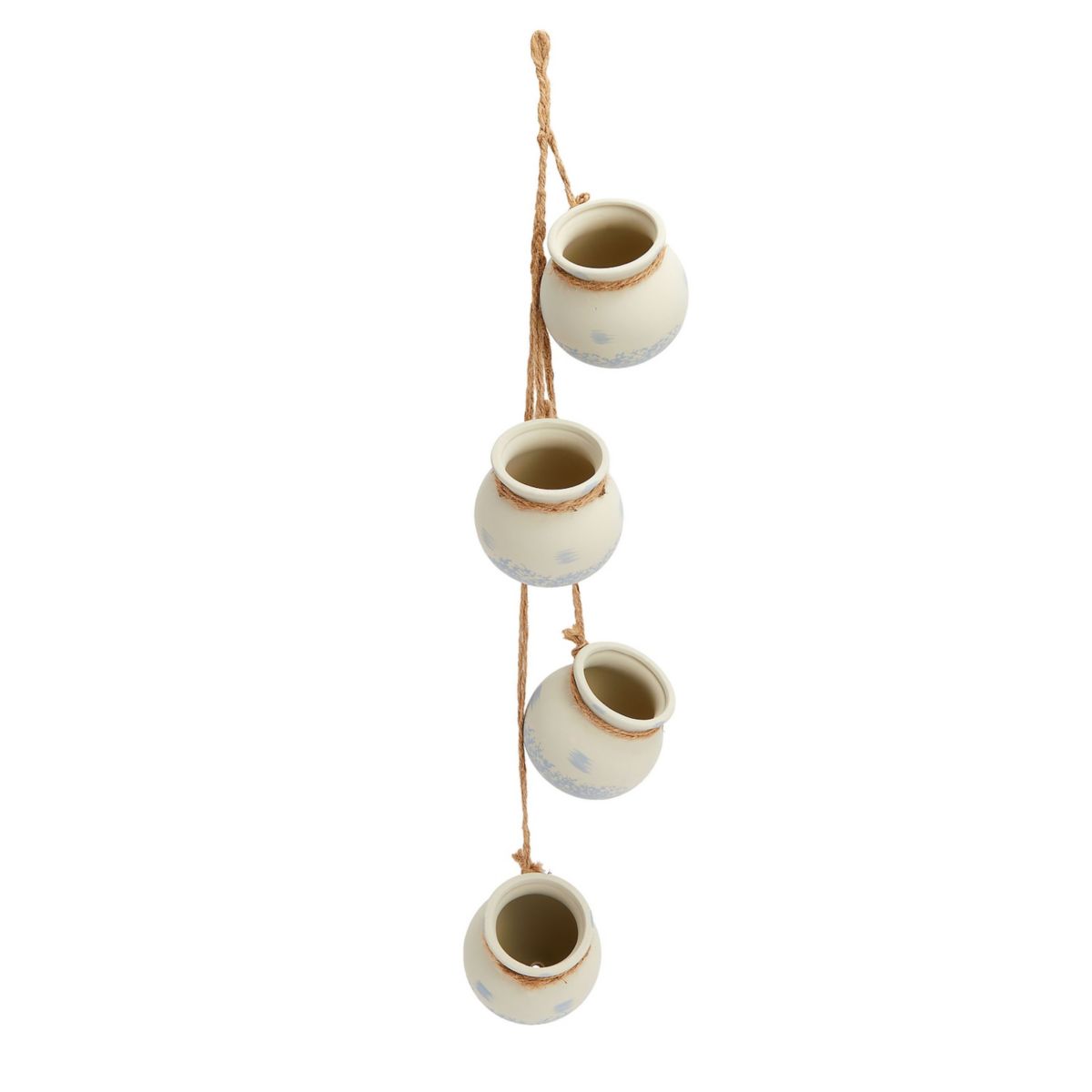 4 White Ceramic Hanging Planter Pots on 23-Inch Jute Rope Farmlyn Creek