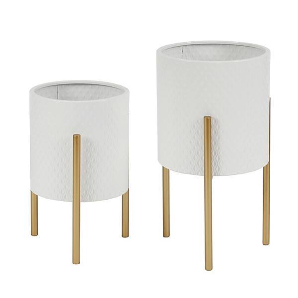 LuxenHome 2-piece Diamond Pattern Round Metal Cachepot Planter Set, White With Gold Stands Luxen Home