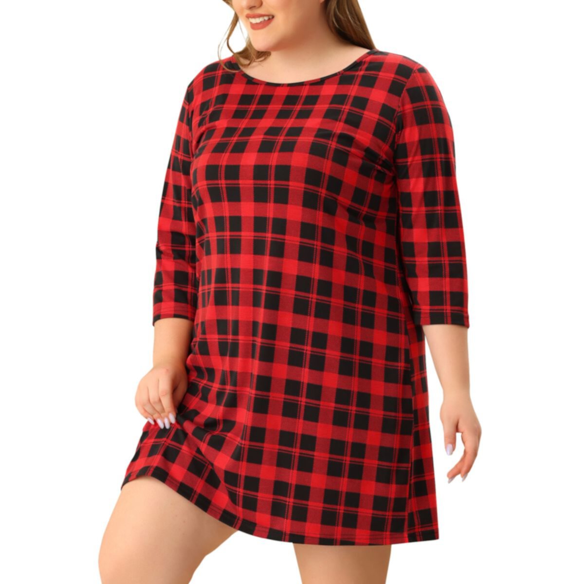 Женская Ночная Сорочка Agnes Orinda Plus Size с Пледовым Узором и Рукавами 3/4 Agnes Orinda