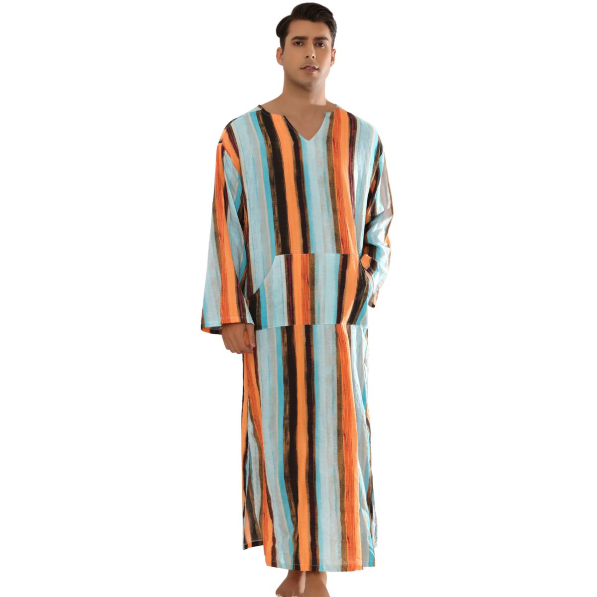 Striped Nightshirts For Men's V Neck Long Sleeves Pajamas Shirts Nightwear Lars Amadeus