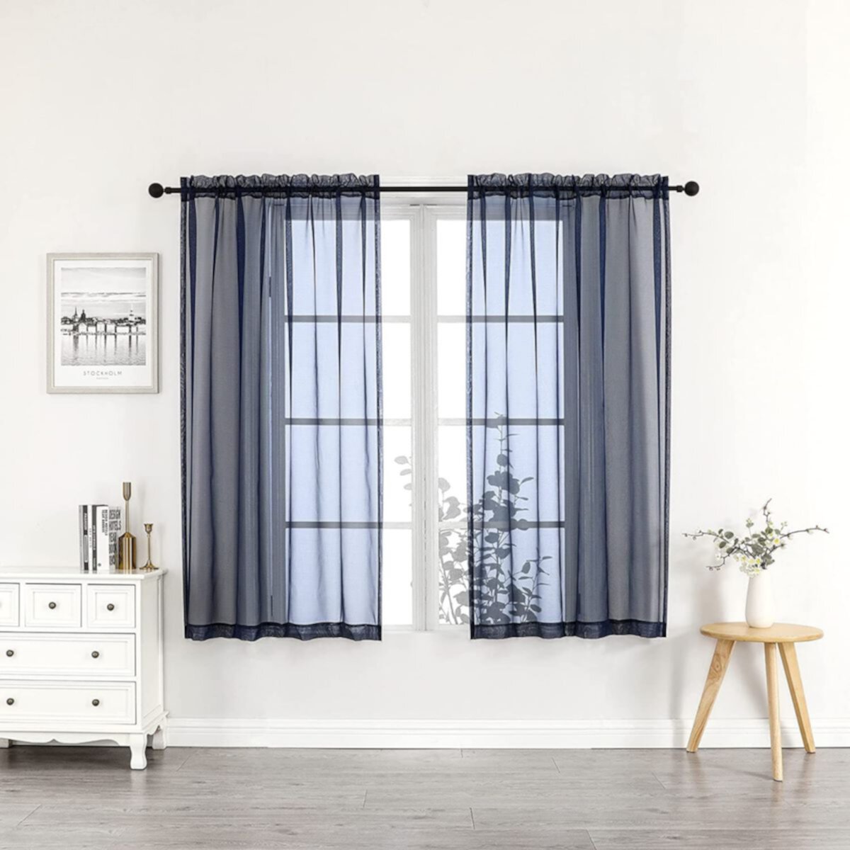 Kate Aurora Simplistic Living 2 Piece Lightweight Rod Pocket Navy Blue Sheer Curtains For Small Windows - 63 in. Long Kate Aurora