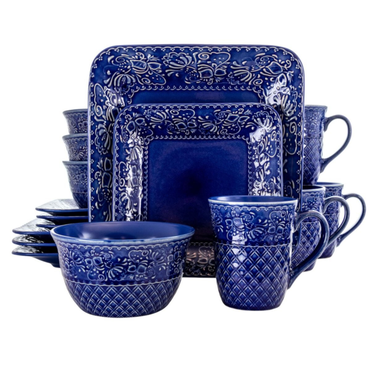 Elama Indigo Lotus 16 Piece Square Dinnerware Set Elama