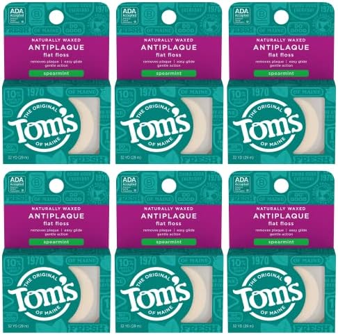 Tom's of Maine Naturally Waxed Antiplaque Flat Dental Floss, Spearmint, 32 Yards 6-Pack (Packaging May Vary) Tom's of Maine