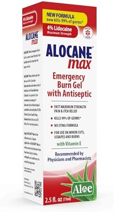 Alocane Emergency Burn Gel, 4% Lidocaine Maximum Strength Fast Pain and Itch Relief for Minor Burns, Sunburn, Kitchen, Radiation, Chemical, First Degree Burns, First Aid Treatment Burn Care 2.5 Fl Oz Alocane