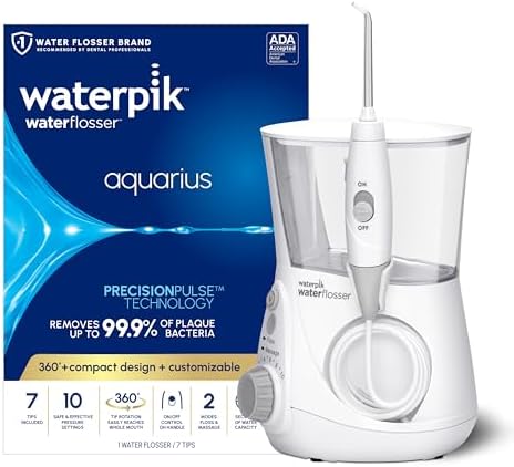 Waterpik Aquarius Water Flosser Professional For Teeth, Gums, Braces, Dental Care, Electric Power With 10 Settings, 7 Tips For Multiple Users And Needs, ADA Accepted, White WP-660, Packaging May Vary Waterpik