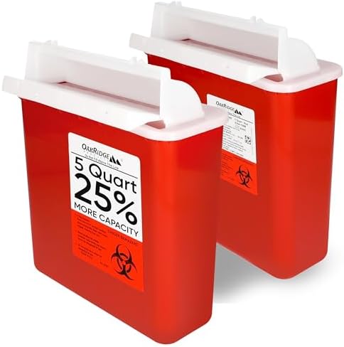 Oakridge Products Sharps Container for Home Use and Professional 5 Quart (2-Pack), Biohazard Needle and Syringe Disposal, Mailbox Style Lid, CDC Certified OAKRIDGE PRODUCTS