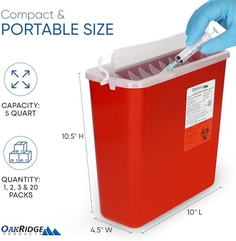 Oakridge Products Sharps Container for Home Use and Professional 5 Quart (1-Pack), Biohazard Needle and Syringe Disposal, Horizontal Drop Style Lid with levers, CDC Certified OAKRIDGE PRODUCTS