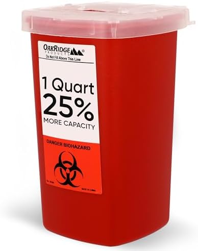 Oakridge Products Sharps Container for Home Use and Professional 1 Quart (1-Pack), Biohazard Needle and Syringe Disposal, Flip-up Lid with Integrated Needle Inwinder, CDC Certified OAKRIDGE PRODUCTS