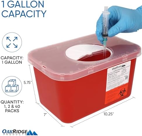 Oakridge Products Large Sharps Container for Home Use and Professional 1 Gallon (1-Pack), Biohazard Needle and Syringe Disposal, Rotating Lid, CDC Certified OAKRIDGE PRODUCTS