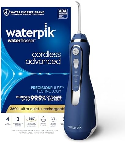 Waterpik Cordless Advanced 2.0 Water Flosser For Teeth, Gums, Braces, Dental Care With Travel Bag and 4 Tips, ADA Accepted, Rechargeable, Portable, and Waterproof, White WP-580, Packaging May Vary Waterpik