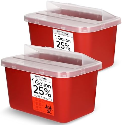 Oakridge Products Large Sharps Container for Home Use and Professional 1 Gallon (2-Pack), Biohazard Needle and Syringe Disposal, Pop Up Lid, CDC Certified OAKRIDGE PRODUCTS