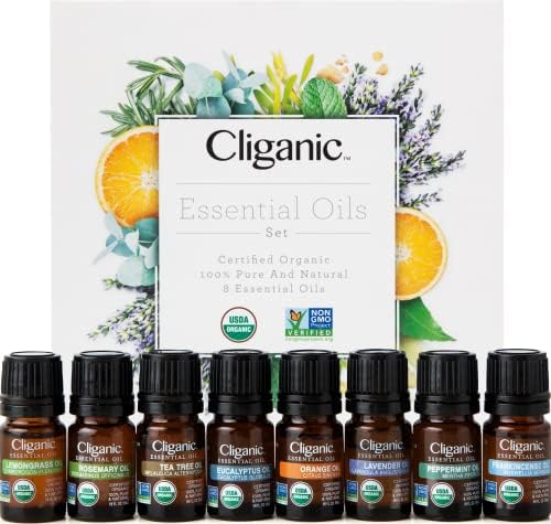 Cliganic Organic Essential Oils Set (Top 5 x 15ml) - 100% Pure Natural - Aromatherapy, Candle Making - Peppermint, Lavender, Eucalyptus, Lemongrass & Orange Cliganic