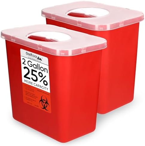 Oakridge Products Large Sharps Container for Home Use and Professional 2 Gallon (2-Pack) with Rotating lid, Biohazard Needle and Syringe Disposal, CDC Certified OAKRIDGE PRODUCTS