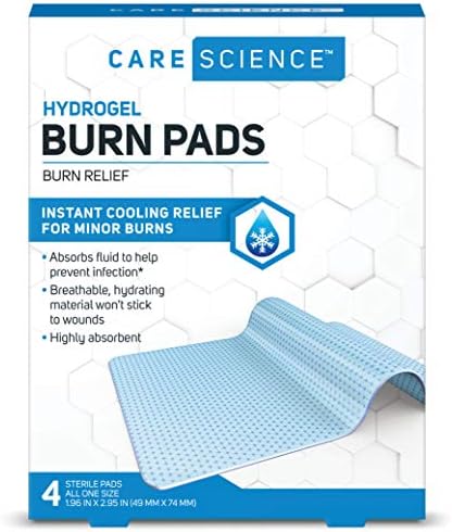 Care Science Hydrogel Sterile Burn Dressing Bandage Pads for Burn Relief, 4 ct | Instant Cooling Relief for Minor Burns & Wounds Care Science